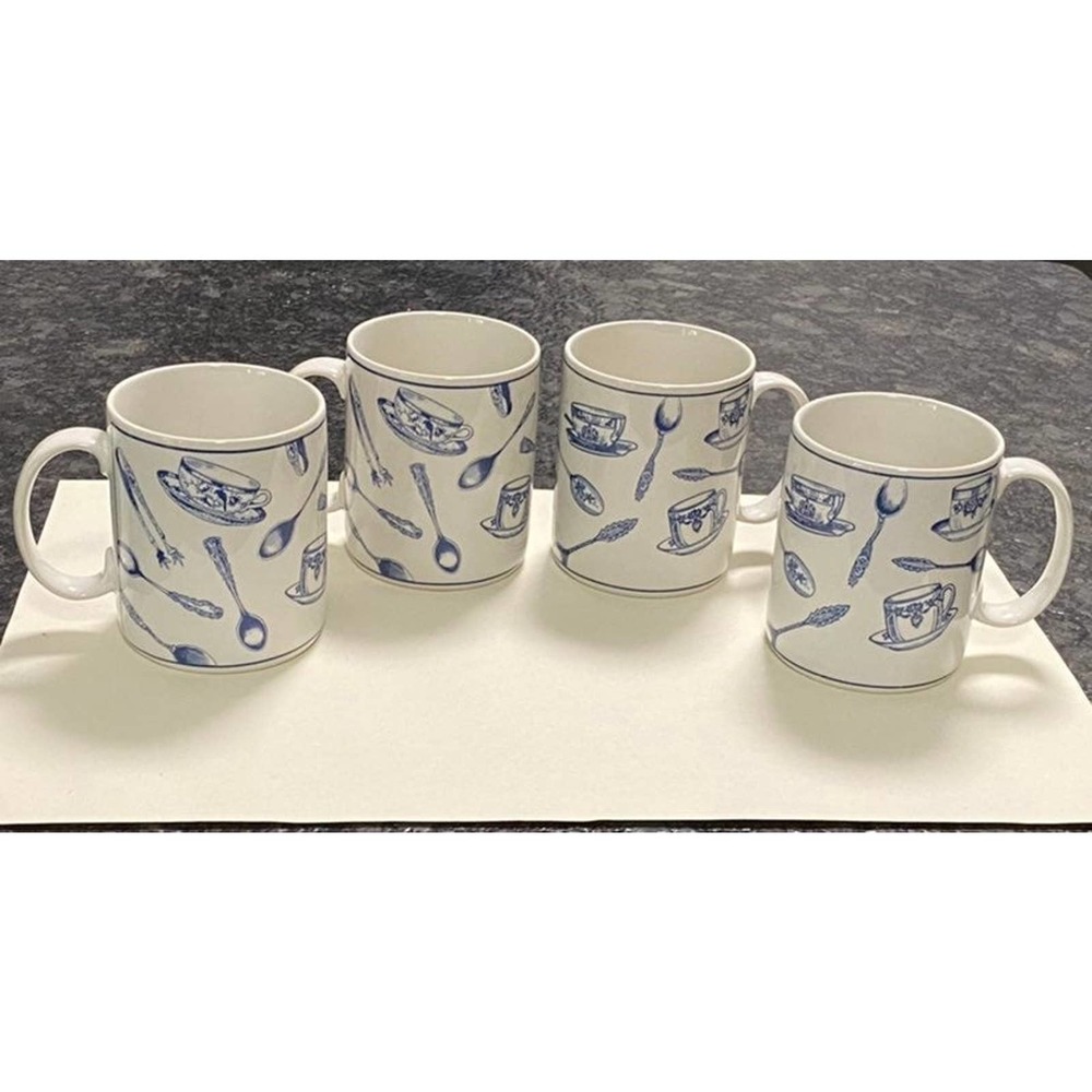 Set of 4 Fitz & Floyd‎ Omnibus Habitat Americana Colony Blue Mugs